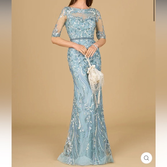 LARA Dusty Blue Short Sleeve Embellished Lace Fitted Mermaid Gown - Reemoly - Picture 1 of 16